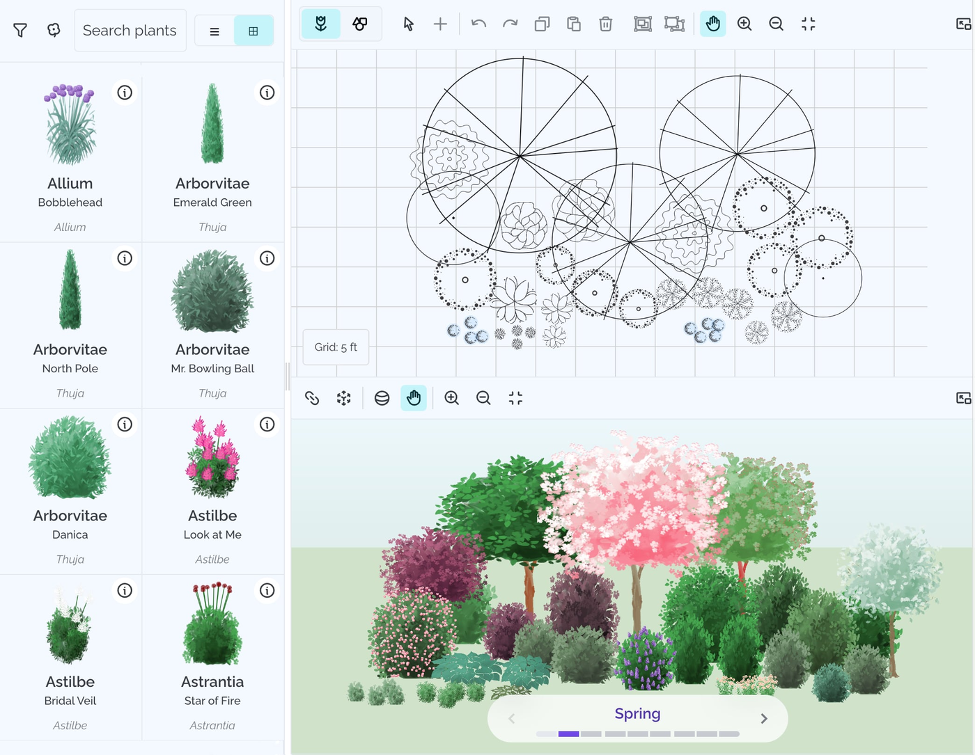 Garden Sketchbook app interface showing 2D design canvas and 3D visualization