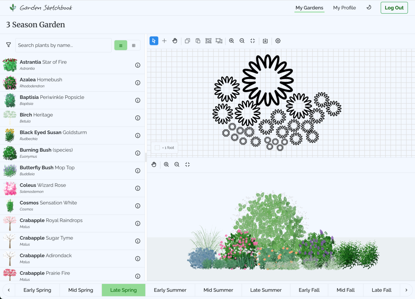 Garden Sketchbook app interface showing 2D design canvas and 3D visualization