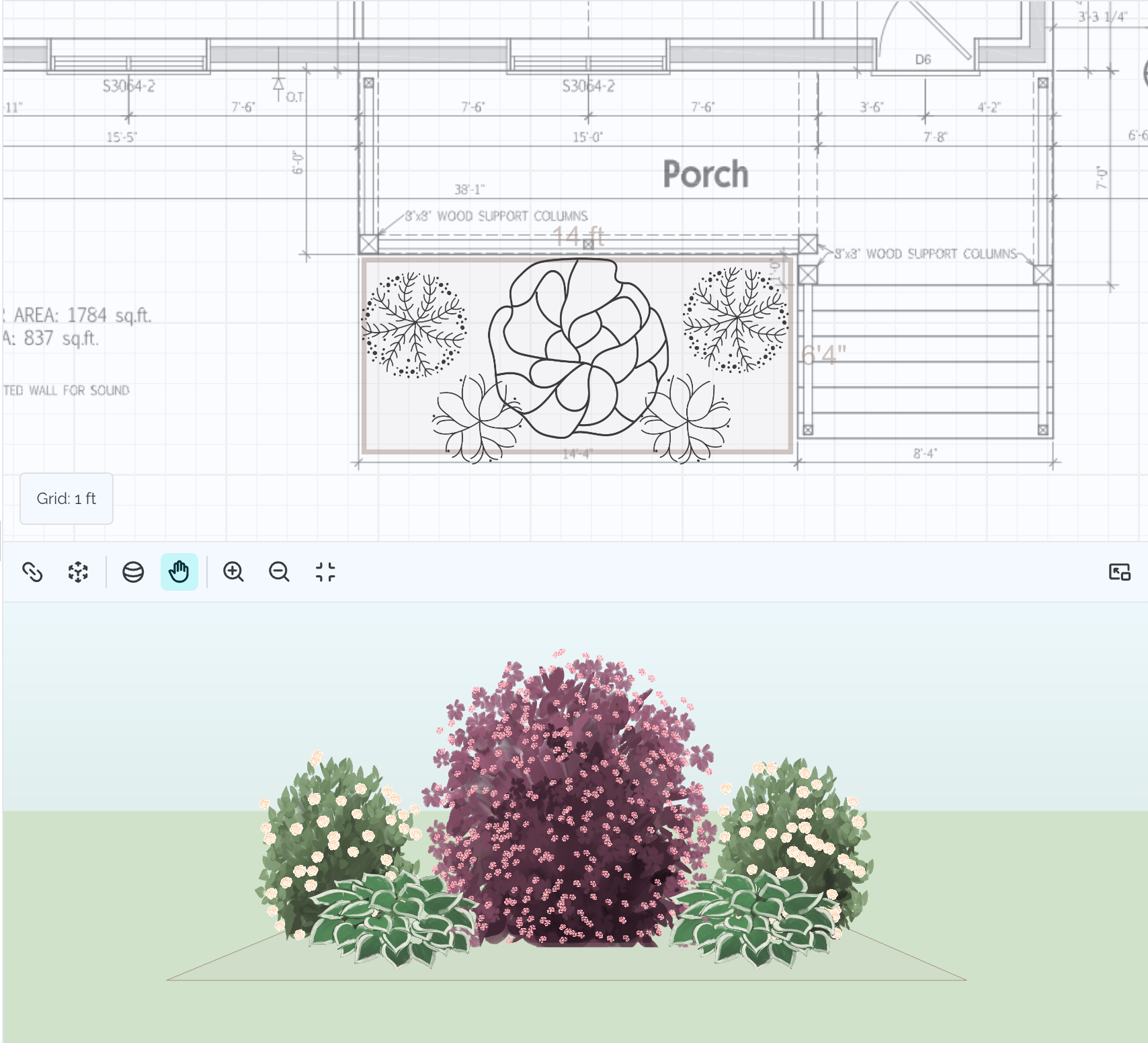 To-scale garden plan traced over an aerial photo
