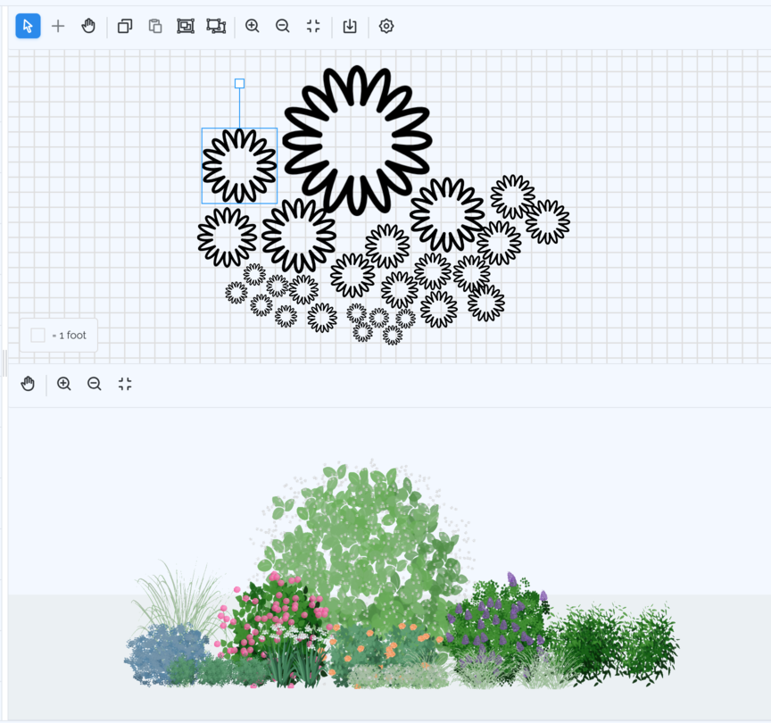 Garden Sketchbook interface showing 2D design canvas with drag-and-drop plant placement and real-time 3D visualization