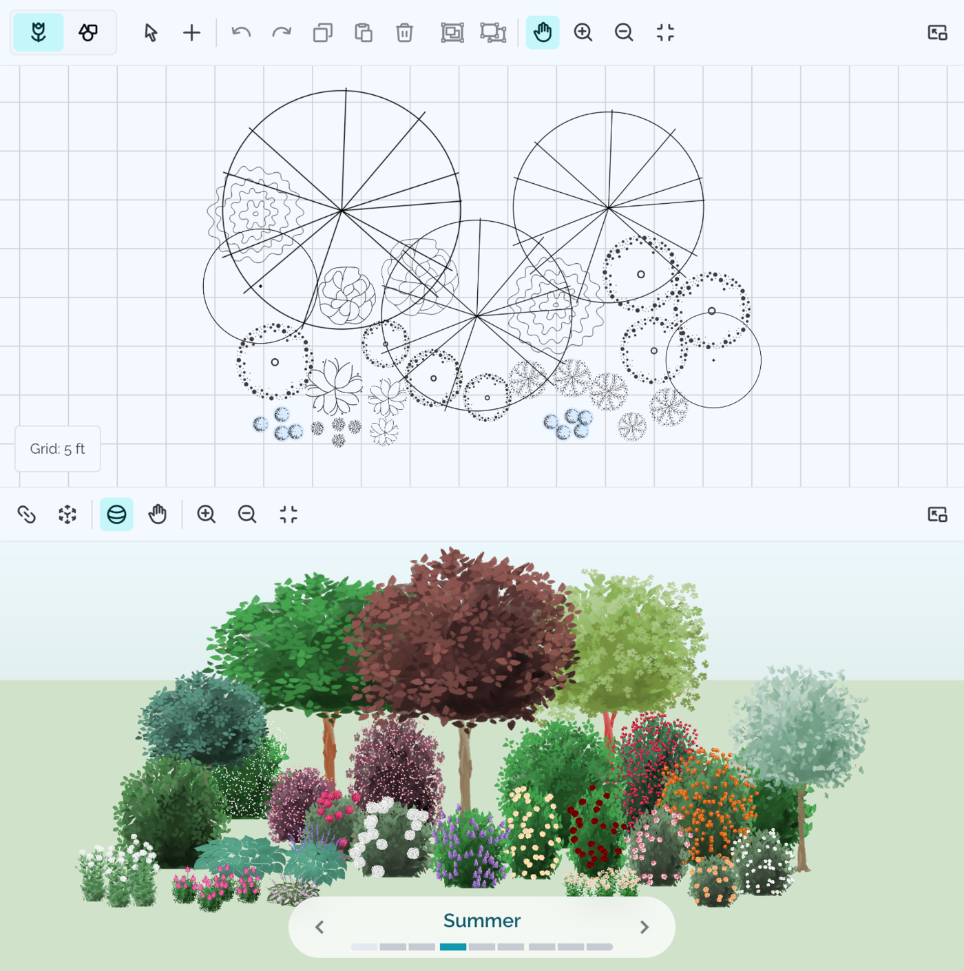 Garden Sketchbook interface showing 2D design canvas with drag-and-drop plant placement and real-time 3D visualization