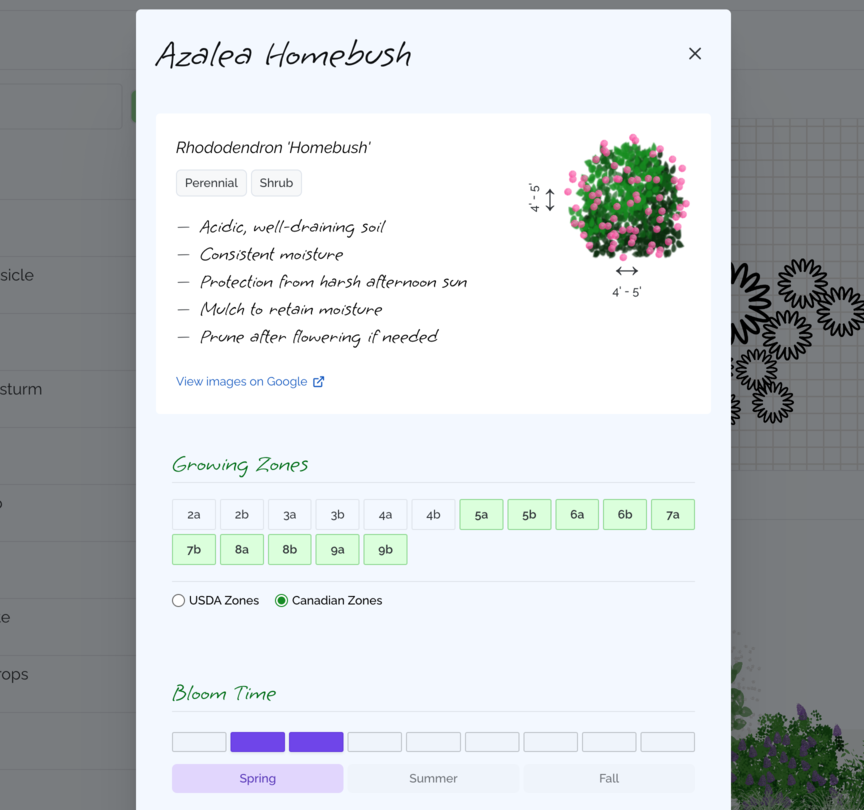 Plant library showing detailed information cards with growing requirements, bloom seasons, and care instructions