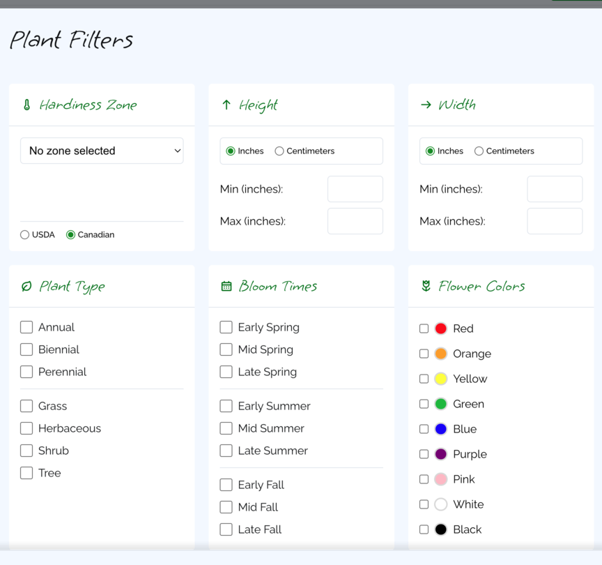 Advanced plant search interface with filters for hardiness zone, sun exposure, soil type, bloom season, and special characteristics